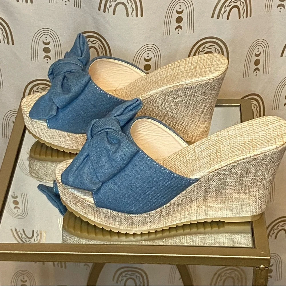Espadrille Wedge Slide Sandals | Denim Bow | Size 9